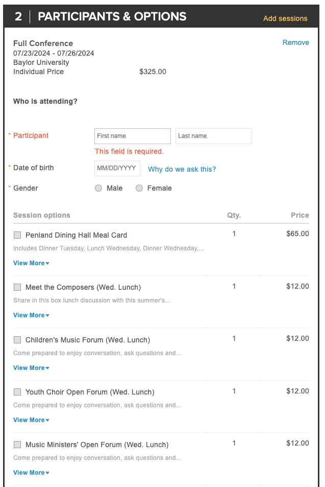 Screen capture of Participants and Options page.