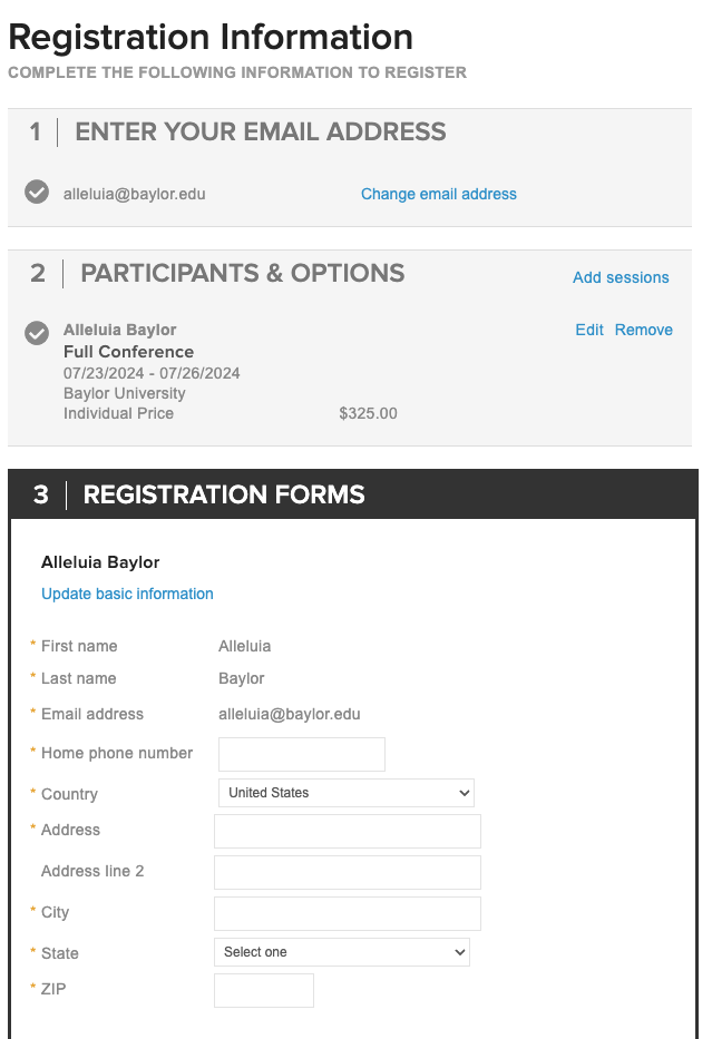 Screen capture of Registration summary