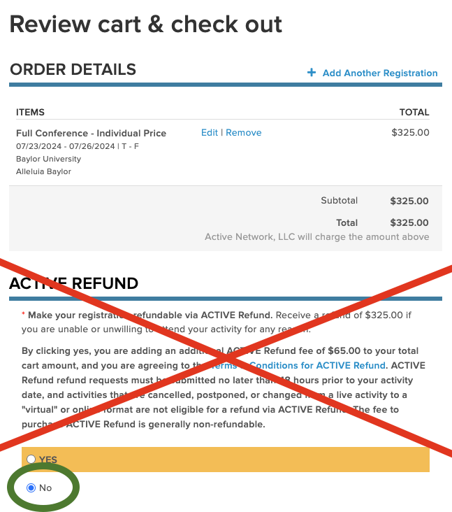 Screen capture of cart review and check out