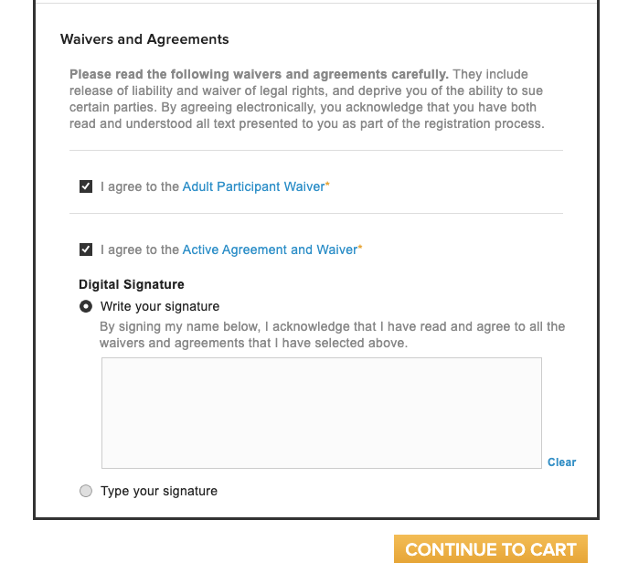 Screen capture of Waivers and Agreements